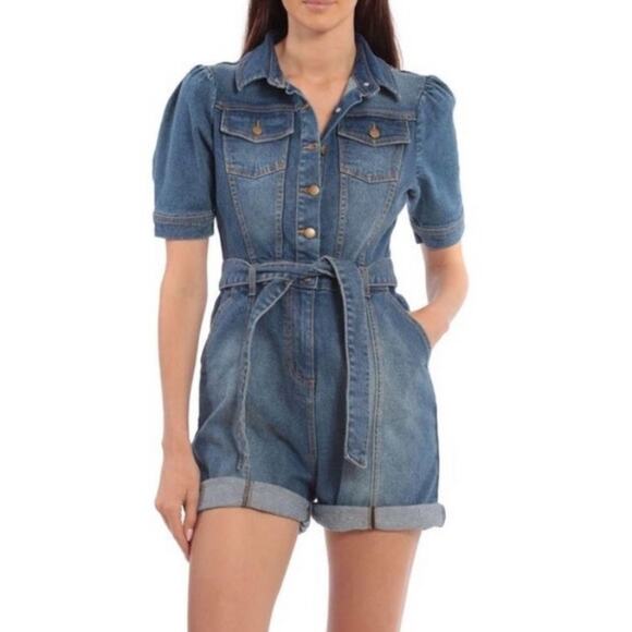 Avec Les Filles Pants - NWT Avec Les Filles Denim Boiler Romper Shortalls Puff  Sleeves S